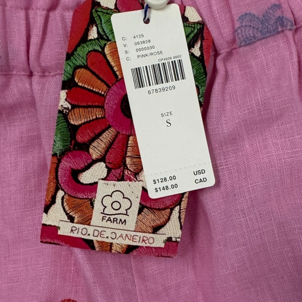 Farm Rio Anthropologie Womens Shorts S Pink Linen Palm Tree Embroidered NWT - Picture 4 of 9